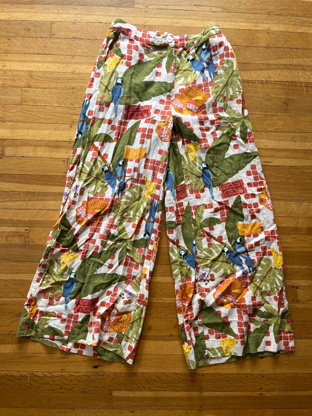 Handmade vintage parrot tropical wide leg flowing capri pants fun whimsical S XS